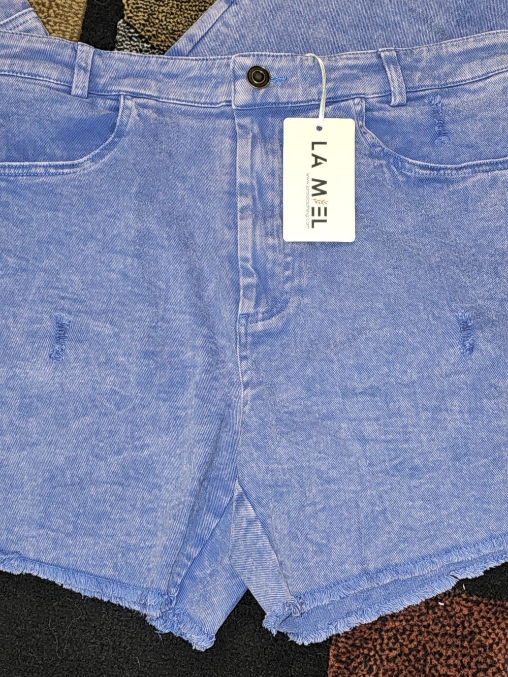 LA MIEL Washed Light Blue High-Rise Frayed Denim Shorts